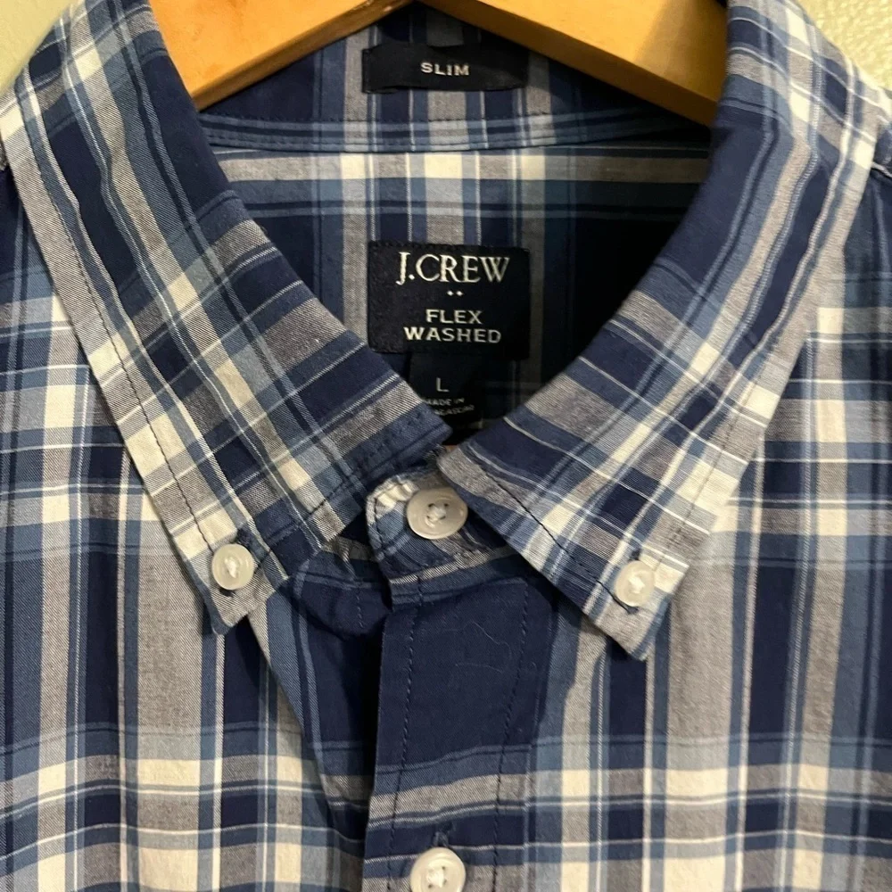 J Crew Flex Washed Slim Fit Blue Plaid Button Up Shirt Men’s Long Sleeves Sz L
